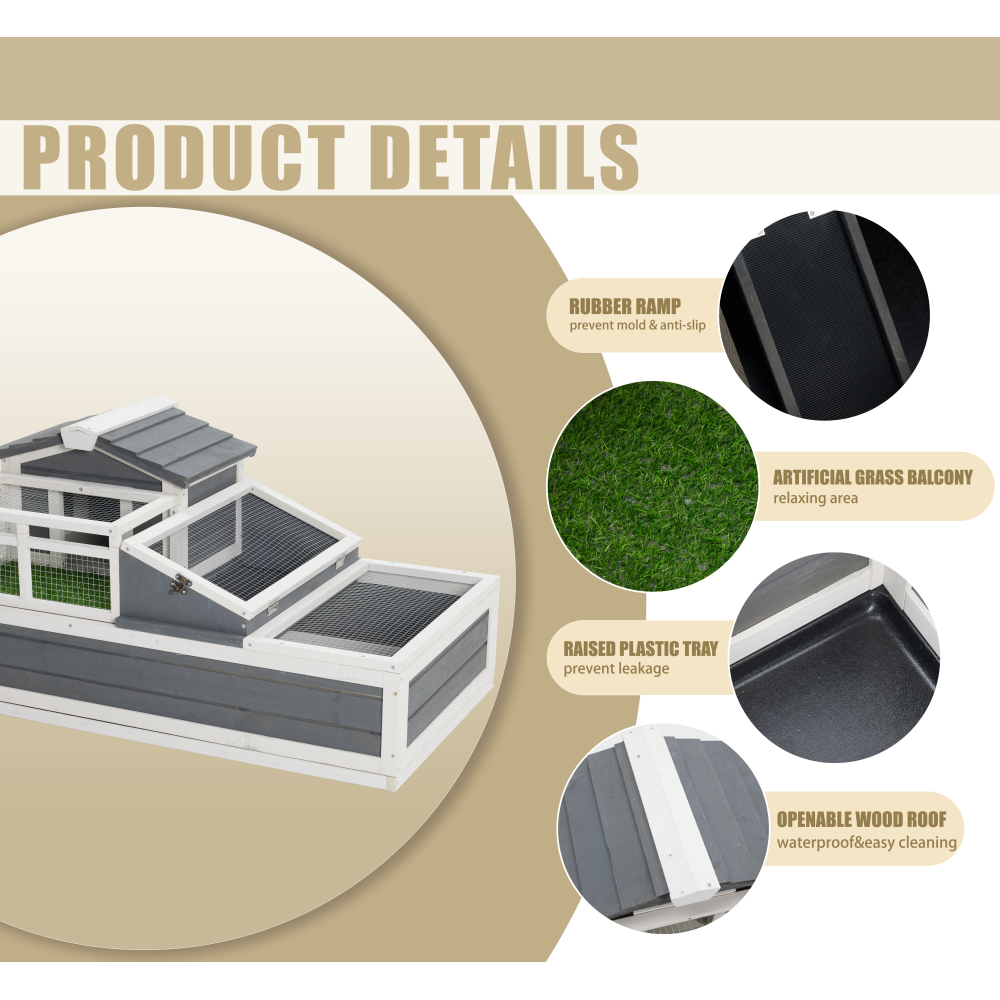 3-Room Tortoise House Habitat with Turf Balcony & 2 Stories, Indoor/Outdoor Wooden Tortoise Enclosure with Ladder, Tray, Openable Roof, Large Reptile Cage