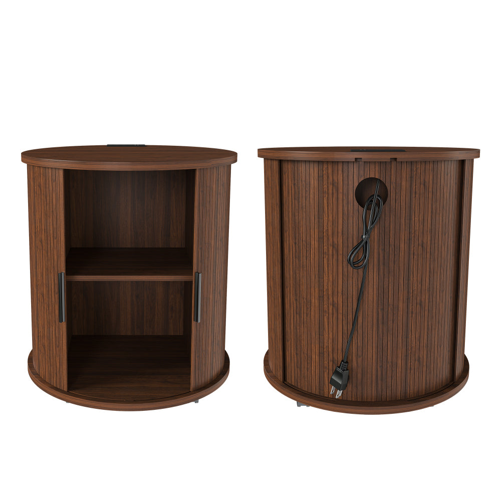 SunJet Mid Century Modern Cylinder End Table with Built-in Charging Station & Sliding Door, 2-Tier Storage Round Nightstand with USB Ports, Walnut Bedside Table for Living Room, Bedroom, Entryway