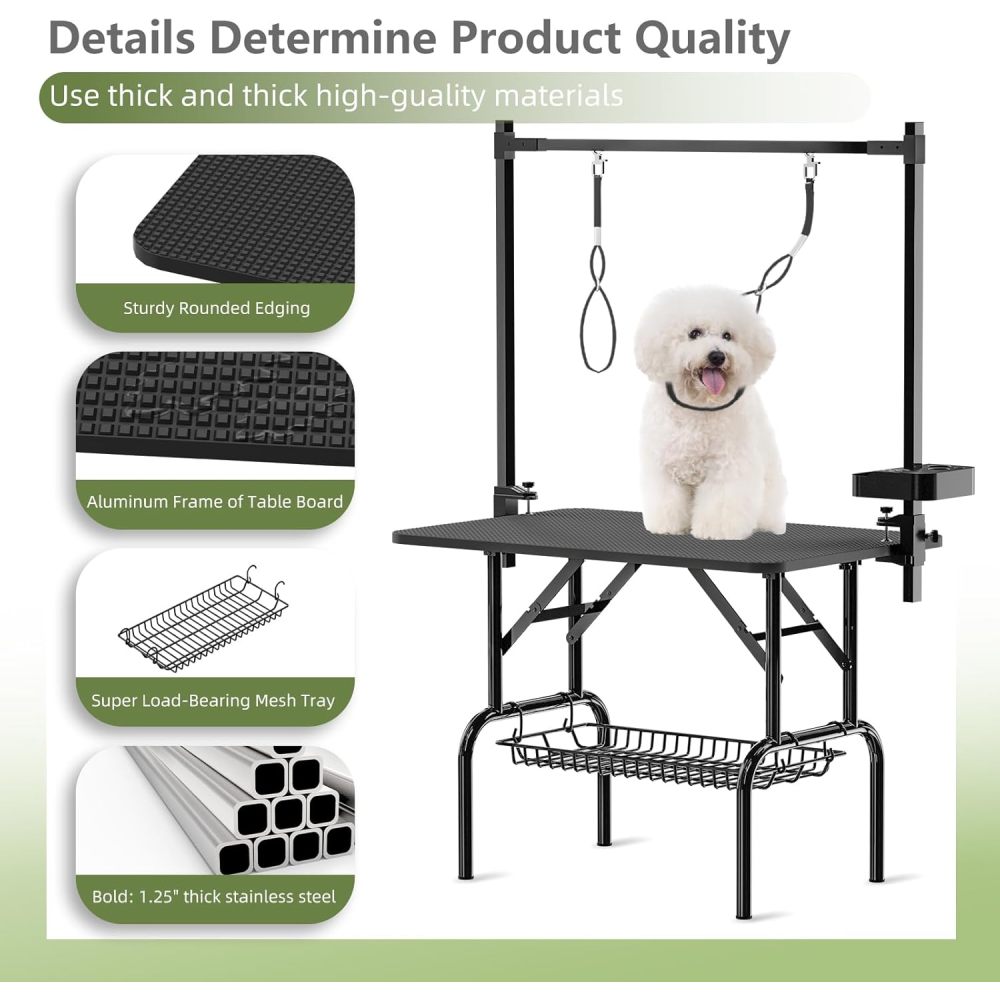 36''Large Dog Grooming Table, Foldable Pet Station at Home, Dog Grooming Table,Adjustable Cat Drying Desktop with Arms, Nooses, Mesh Tray (36Inch Pet Grooming Table Black)