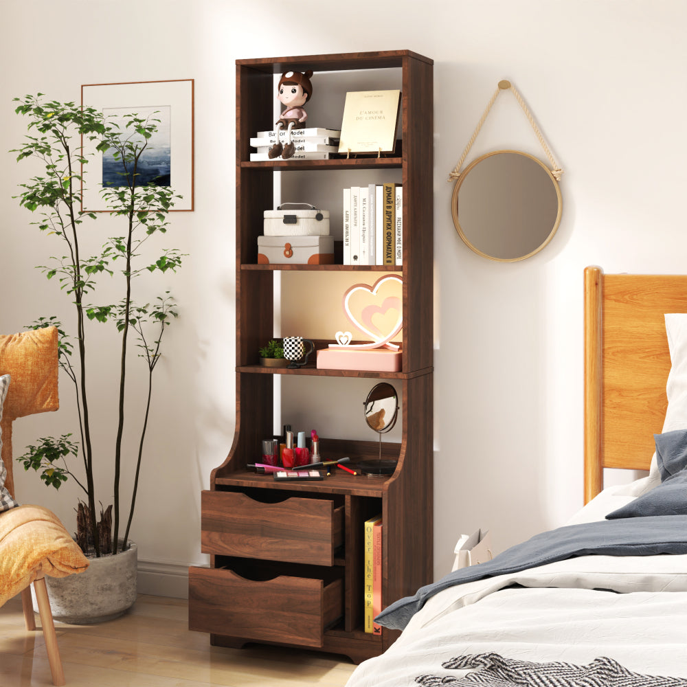 SunJet Night Stand with Bookshelf, Night Stand with 2 Storage Drawers for Bedroom