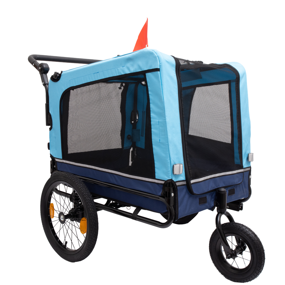 2-in-1 Bike Trailer & Push Cart for Pets - Detachable Bike Hitch & Push Handle Included - All-Terrain Wheels, Quick Release Wheel, Non-Slip Floor, Internal Leash, Holds Pets Up to 88 lbs, Blue
