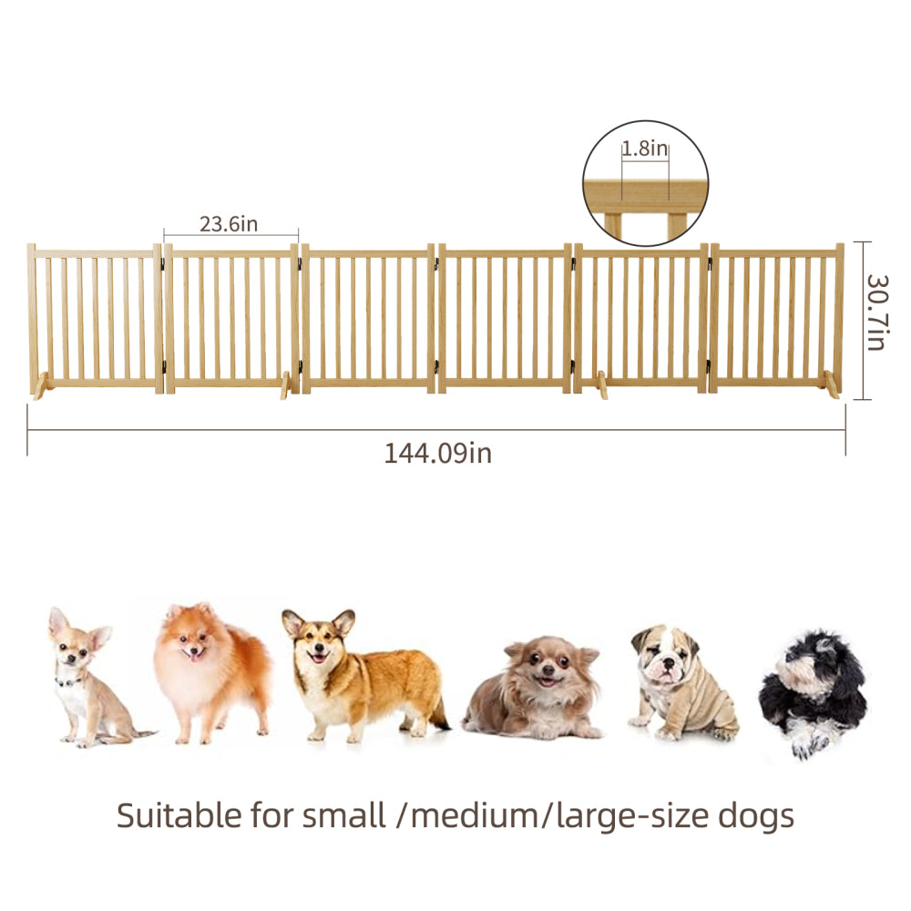 (6 Panel) Wooden Freestanding Dog Gates for The House,Dog Gates for Doorways, Stairs,Wood Dog Fences Indoor Pet Gate,Step Over Fence - 6 Panel 31"H