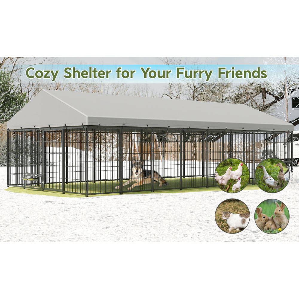 Large Dog Kennel Outdoor Pet Pens Dogs Run Enclosure Animal Hutch Metal Coop Fence with Roof Cover. 18.9'L x 9.61'W x 6.23'H.