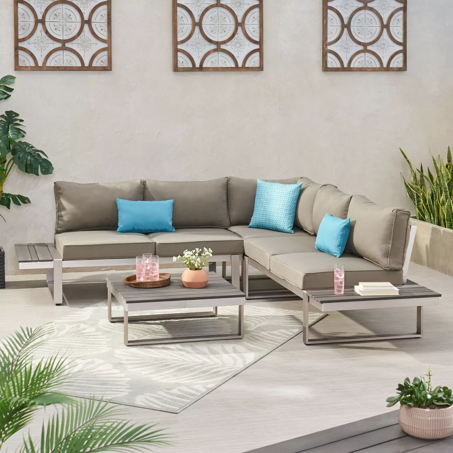 STERLING Outdoor Aluminum V-Shaped 5 Seater Sofa Set with Cushions