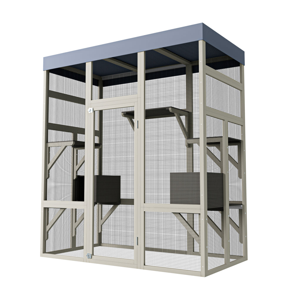 62.6" Outdoor Wooden Catio for Cats, Large Cat Enclosure with Waterproof Roof, 2 Cat Houses & Platforms, Secure Rust-Proof Wire Pet Cage for Patio or Backyard