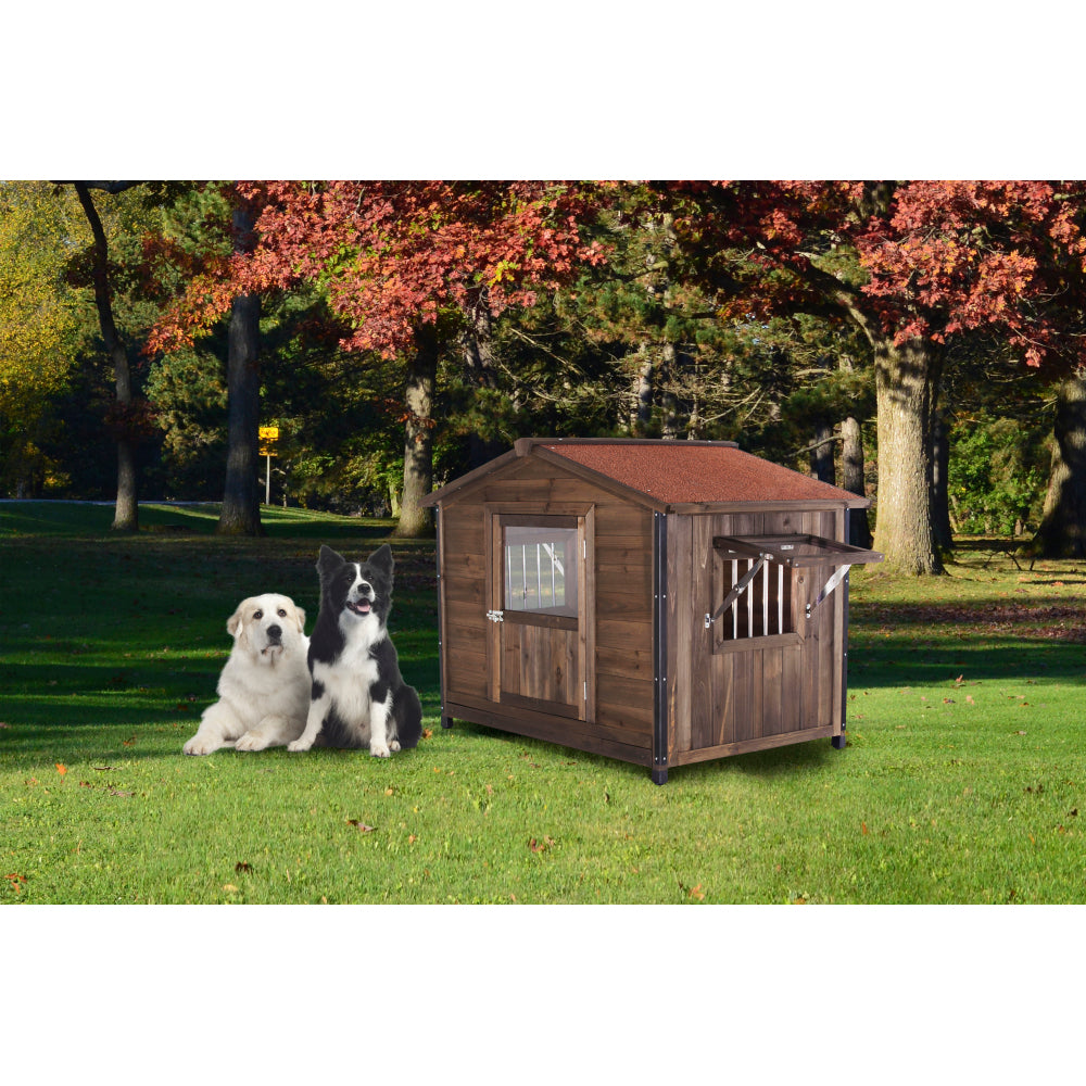 Unique All-Around Iron Frame,Outdoor Large Wooden Cabin House Style Wooden Dog Kennel