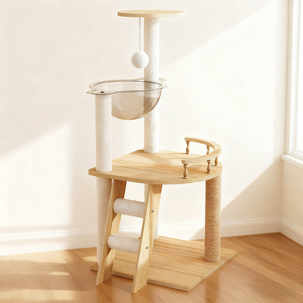 41.3" Modern Cat Tower, Wood Cat Tree Tower for Indoor Cats, Cat Treewith Sisal-Covered Scratching Posts and Top Perch, Cat Condo with Acrylic Hammock for Small Large Cats