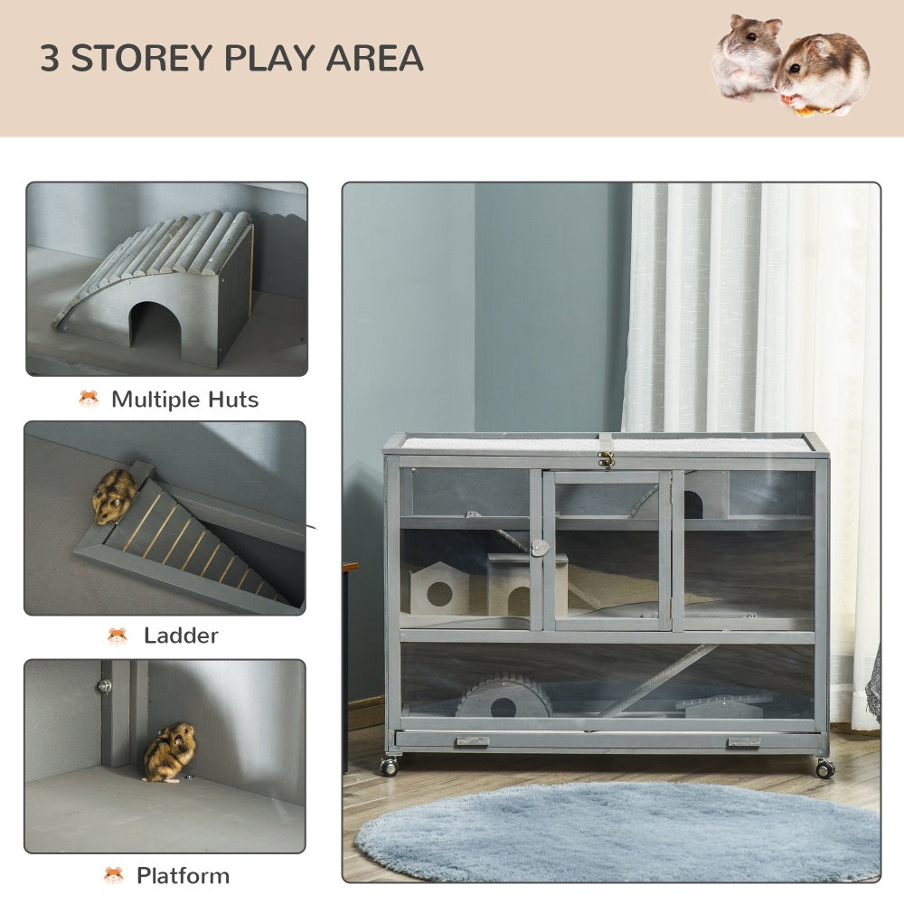 Wooden 3-Tier Hamster Cage Hutch Box with Ladder Wheels, Dark Gray