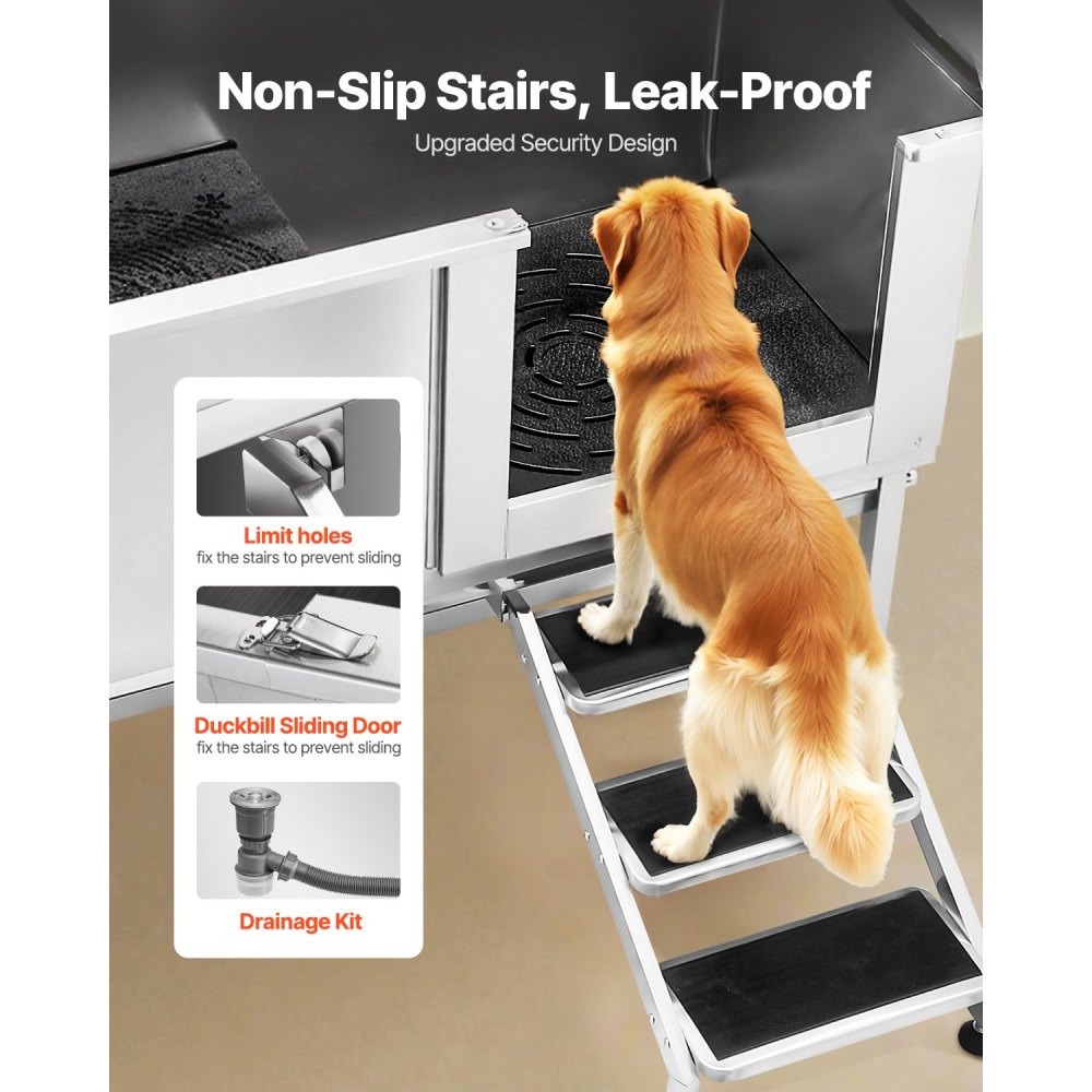 62 Inch Dog Grooming Bath Tub Stainless Steel w Stairs Water Filter