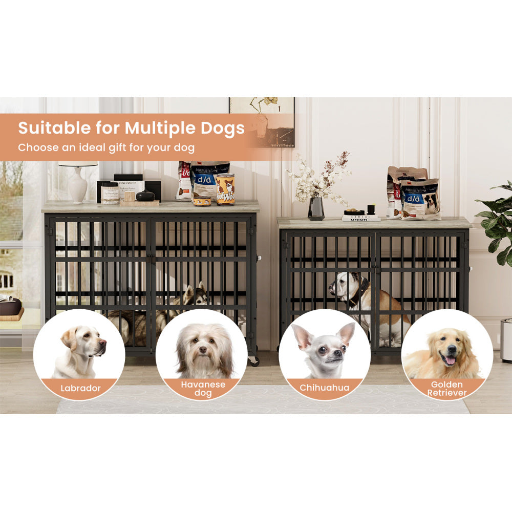 Furniture style dog crate wrought iron frame door with side openings, Grey, 43.3''W x 29.9''D x 33.5''H.