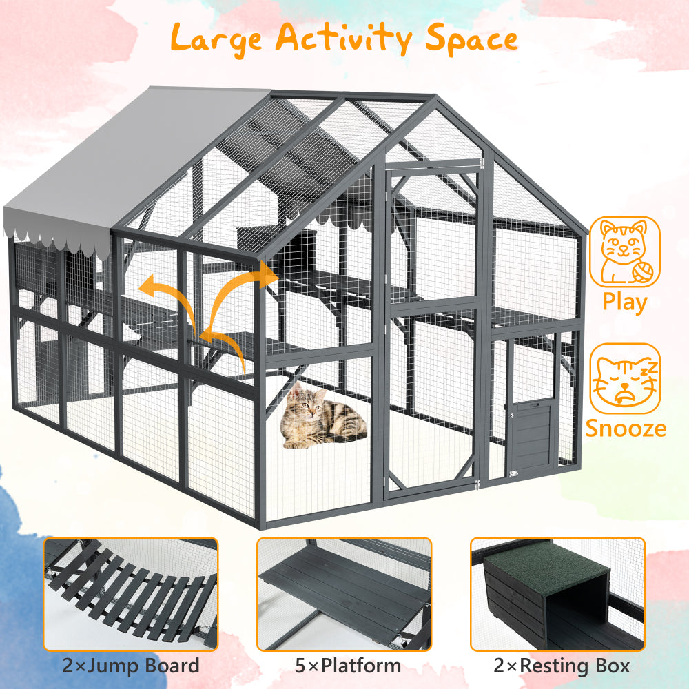 Extra Spacious Catio Outdoor Cat Haven, 110 inch Luxury Cattery with Weather-Resistant Roof, Cat Climbing Ramp, Space Pod Bed, 2 Lounging Huts