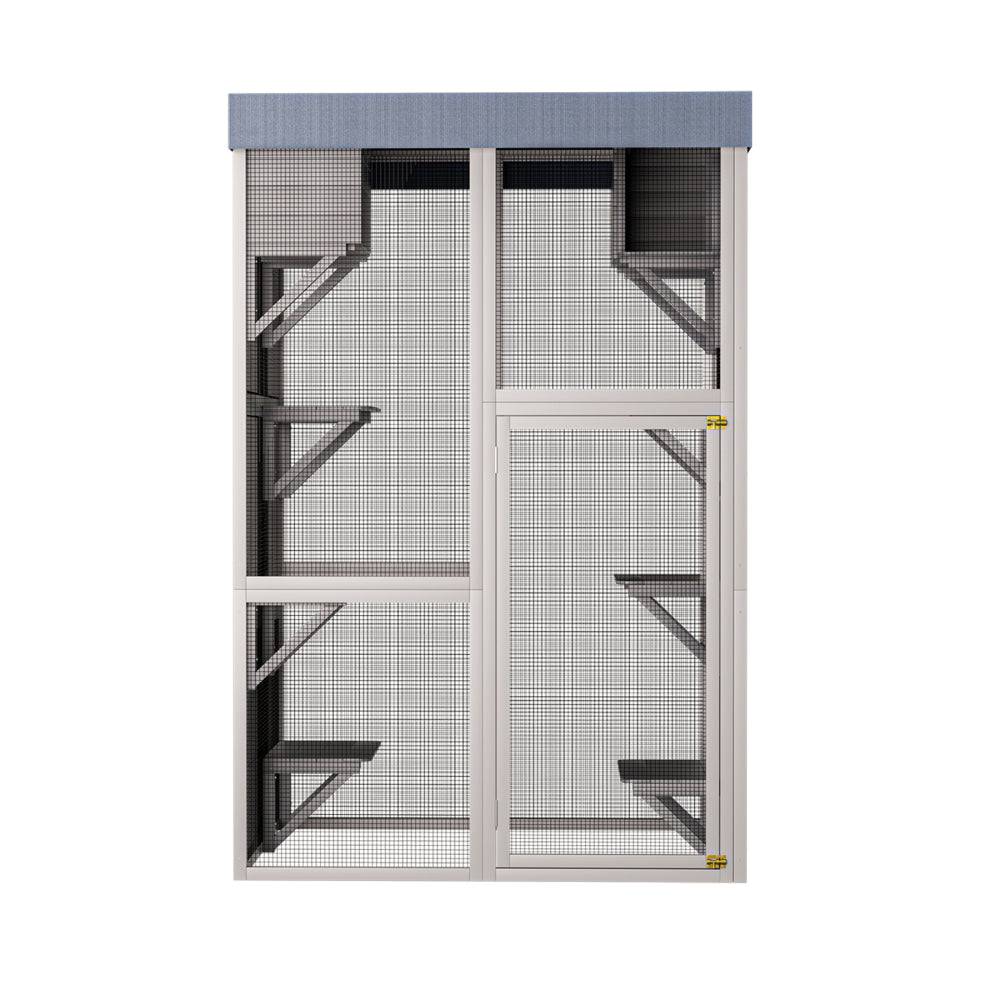 70.5＂ Tall Wooden Catio Outdoor Cat Enclosure, Gray Cat House Large Solid Wood Cage Playpen with 6 Jumping Platforms & 2 Napping Houses, Movable tarp cover