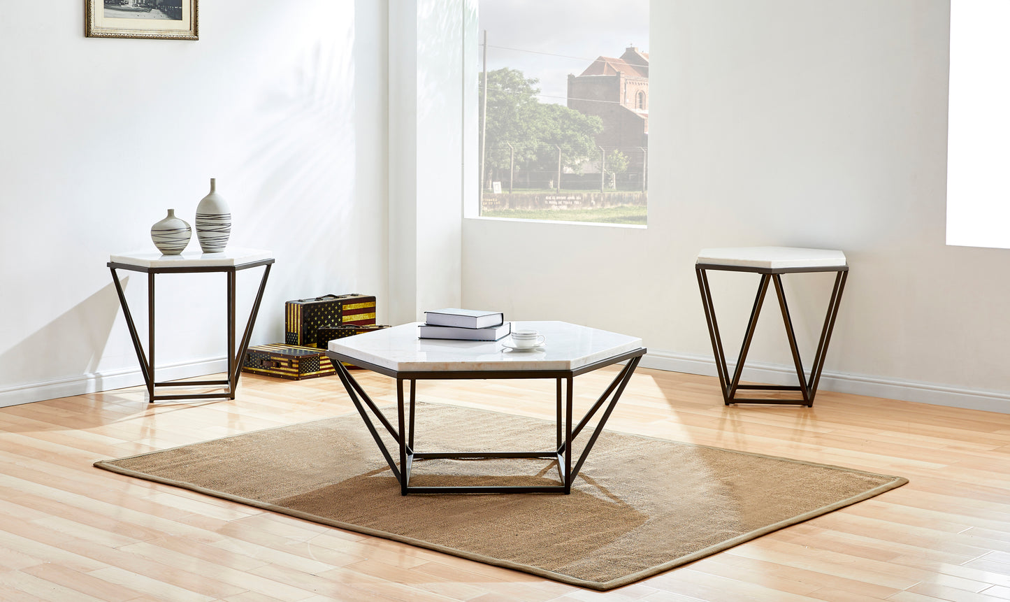 Corvus - 3 Piece Table Set - White Marble Hexagon