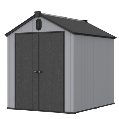 XWT012 Outdoor Resin Plastic Storage Shed with Spire Roof, Black and Grey, 6x8 ft