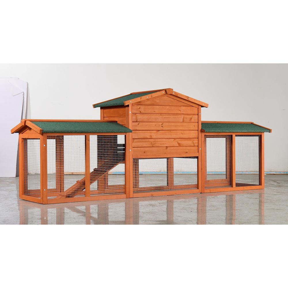 Large Wooden Rabbit Hutch, Outdoor Bunny Cage with Spacious Run, Waterproof Asphalt Roof, Pull-Out Tray and Ramp, Fir Wood Pet House for Rabbits, Chickens and Small Animals (Brown & Green)