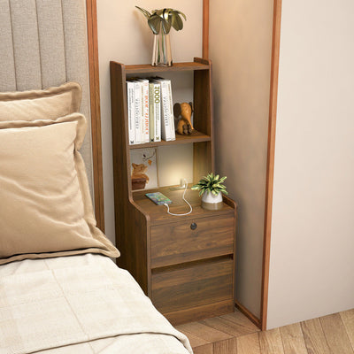 SunJet Nightstand with Charging Station, Smart Nightstand with Night Light, Modern Night Stand with Bookshelf, Bedside Tables with Storage Cabinet for Bedroom, Wood
