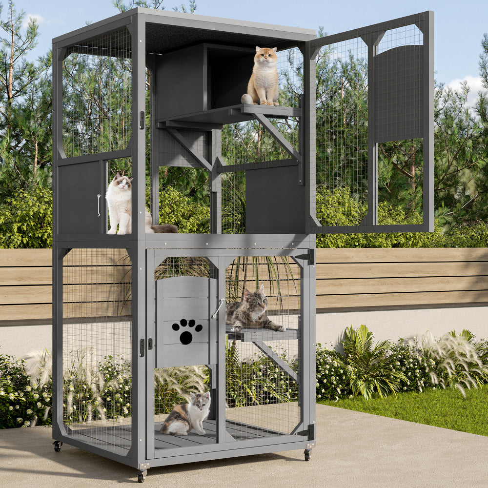 Catio Outdoor Cat Enclosure Window Access, 4 Tiers Cat House with Wheels, Resting Box & Waterproof Roof, Indoor Large Cat House Cage, Gray