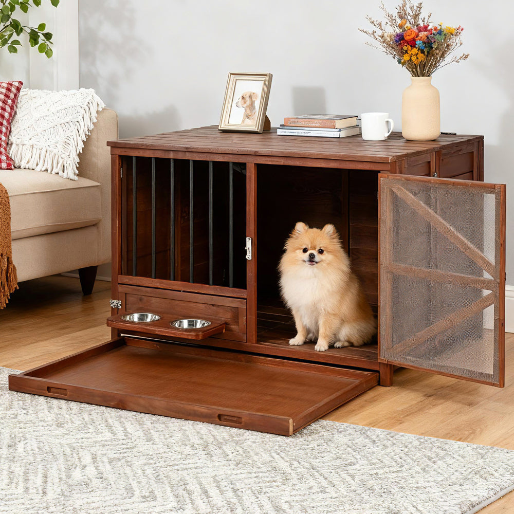 33" Solid Wood Dog Crate Furniture, Foldable Indoor Kennel with 360° Rotating Feeder Multi-Functional End Table for Small & Medium Dogs, Portable Pet Cage with Removable Tray & Easy Assembly