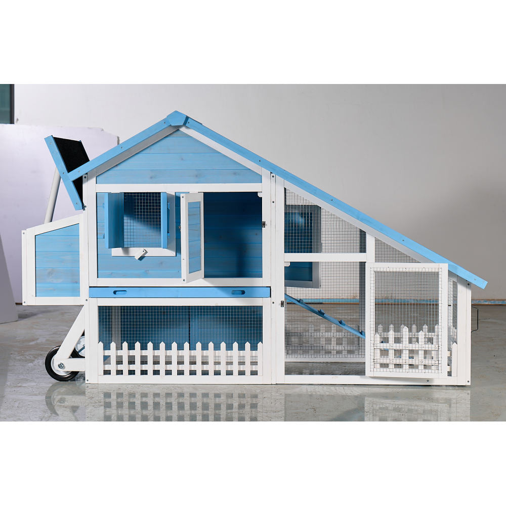 76" Wooden Rabbit Hutch Bunny Cage with Waterproof Asphalt Roof, Fun Outdoor Run, Removable Tray and Ramp, Light Blue
