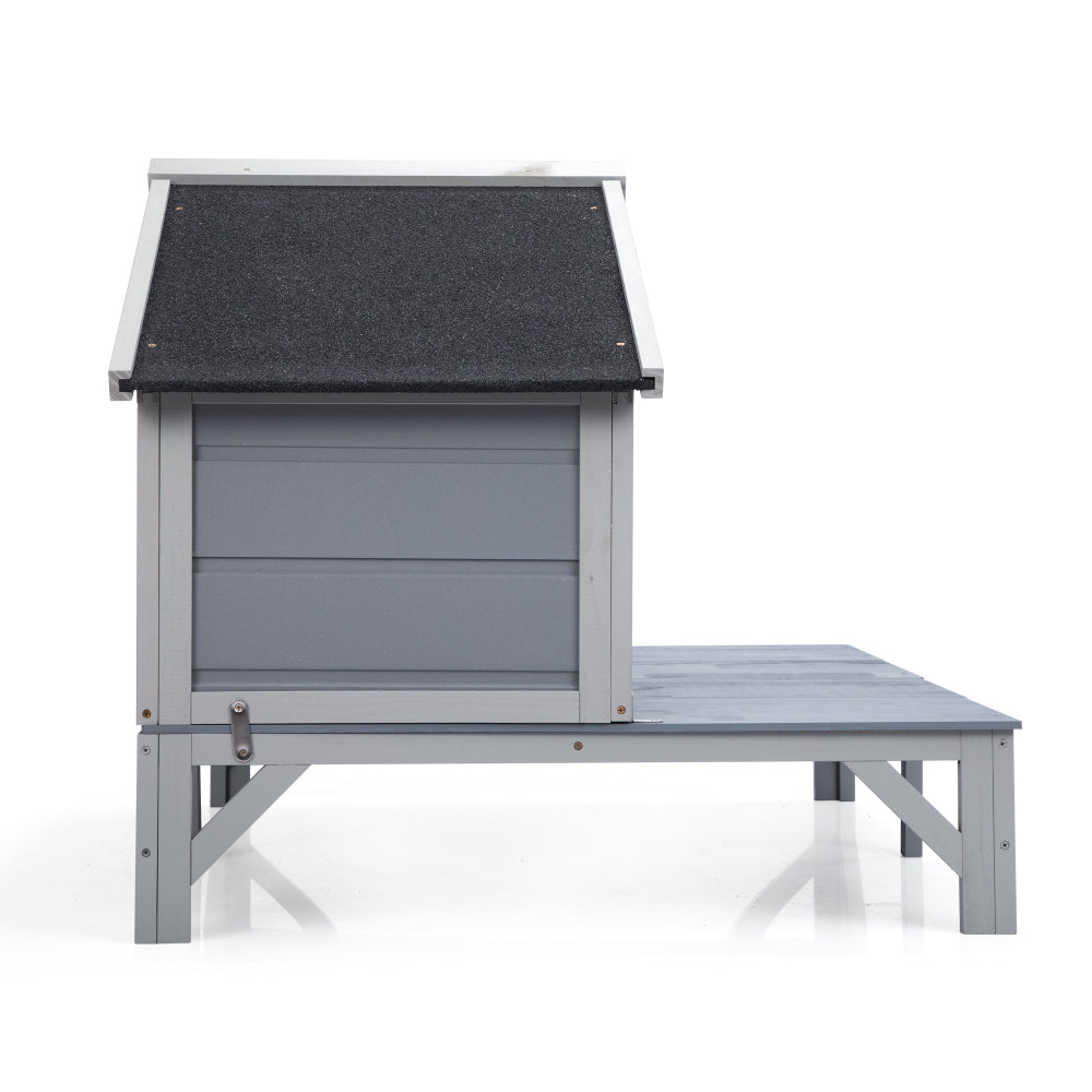 All Weather Wooden Cat House, Indoor Outdoor Cat Enclosure with Play Pen, Cozy Fringe Curtains, Lockable Doors for Kittens and Large Cats, Gray