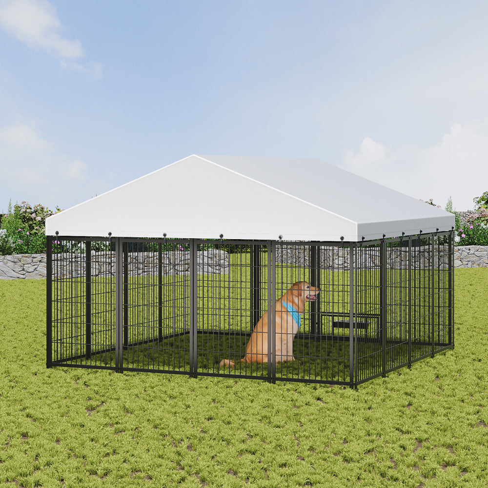Large Dog Kennel Outdoor Pet Pens Dogs Run Enclosure Animal Hutch Metal Coop Fence with Roof Cover. 9.62'L x 9.35'W x 6.18'H.