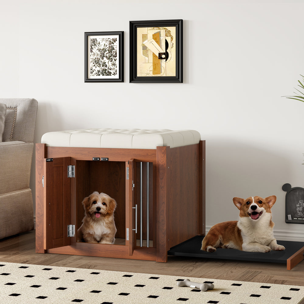 30.25"L, 2 in 1 Night Stand with Storage & Dog Crate, Luxury Wooden Side Table Dog Kennel, End of Bed Bench Ottoman with Removable Cushion for Bedroom, Living Room, Walnut