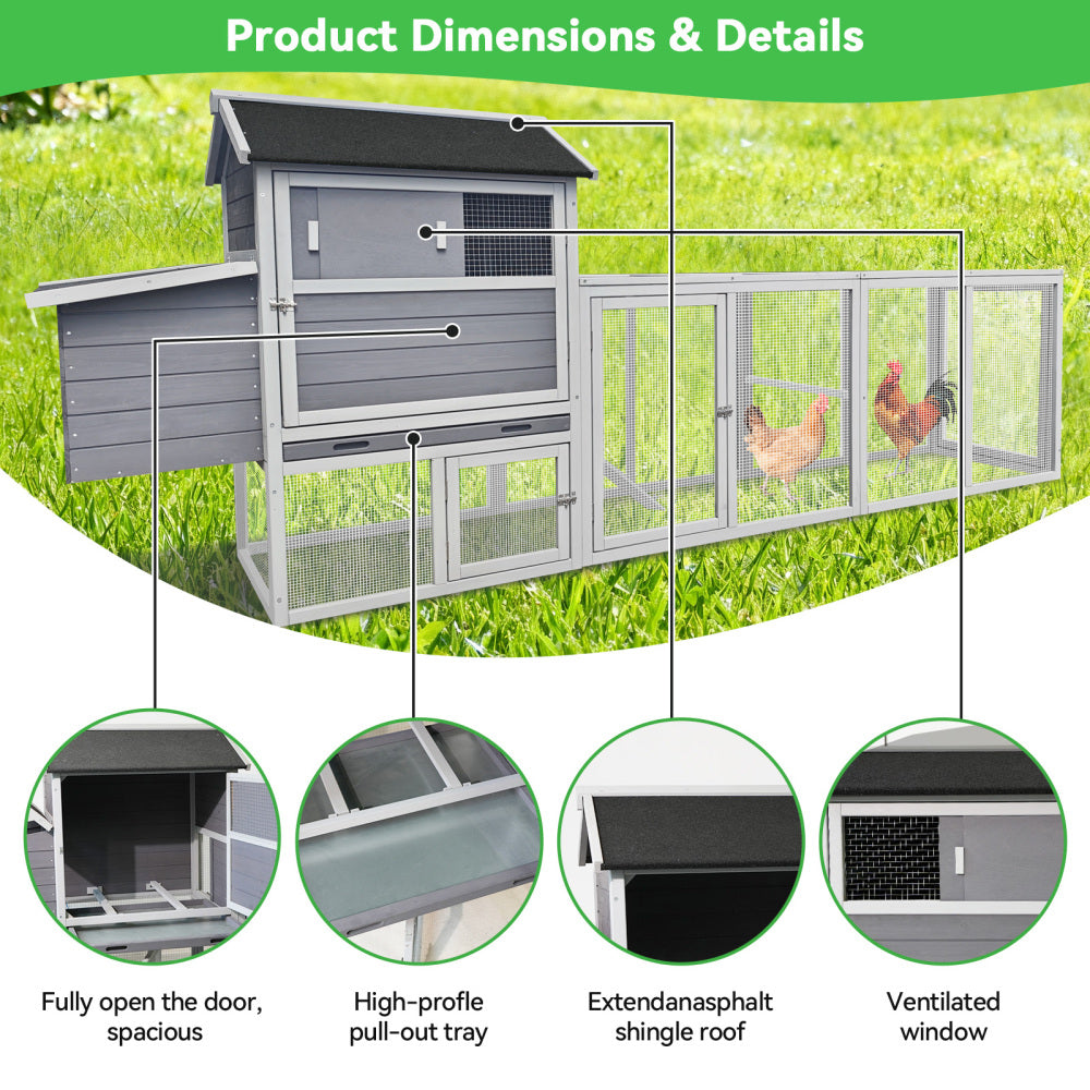 large main house, Gray Wooden Chicken Coop, Large Outdoor Hen House with Run and Nesting Box Poultry Cage, Rabbit Hutch, Waterproof Anti-UV Panel for Backyard