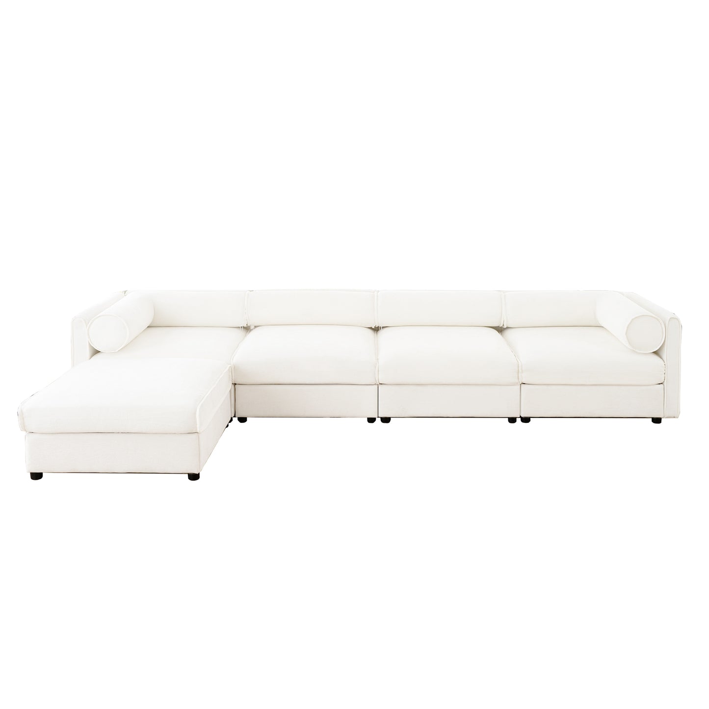 Modular Sectional Sofa with Storage and Cylindrical Support, White Chenille, 4 Seat L-Shaped Design