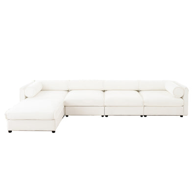 Modular Sectional Sofa with Storage and Cylindrical Support, White Chenille, 4 Seat L-Shaped Design