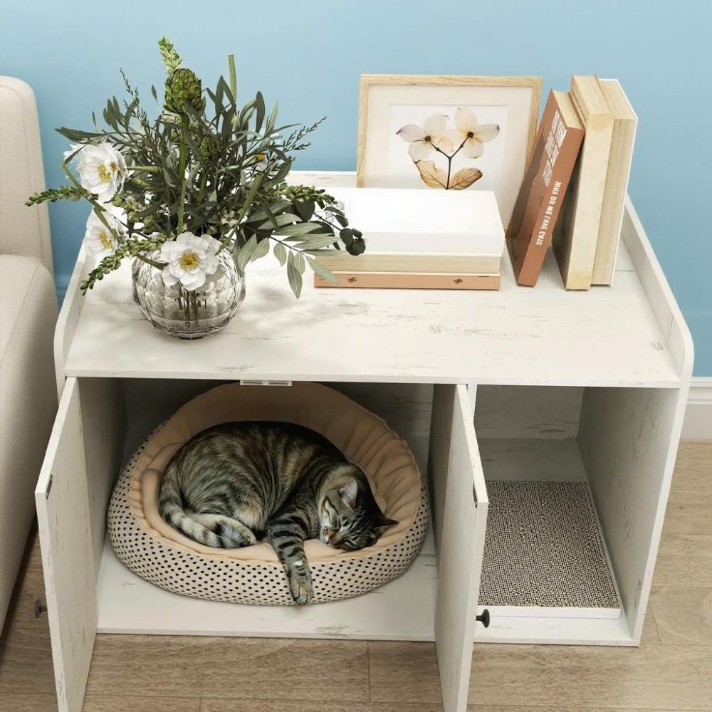 32" Cat Litter Box Enclosure with Scratching Mat, Cat Entrance