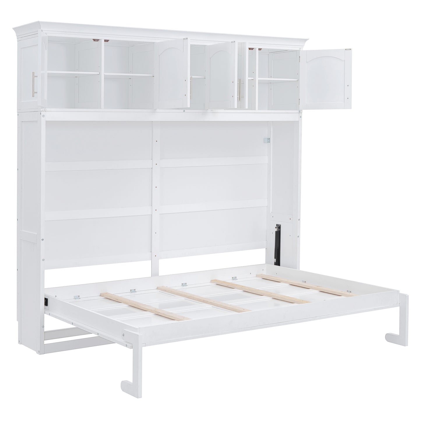 Modern Queen Size Murphy Bed Wall Bed with Top Cabinets, Space-Saving Design, White Finish, Plywood and MDF Construction