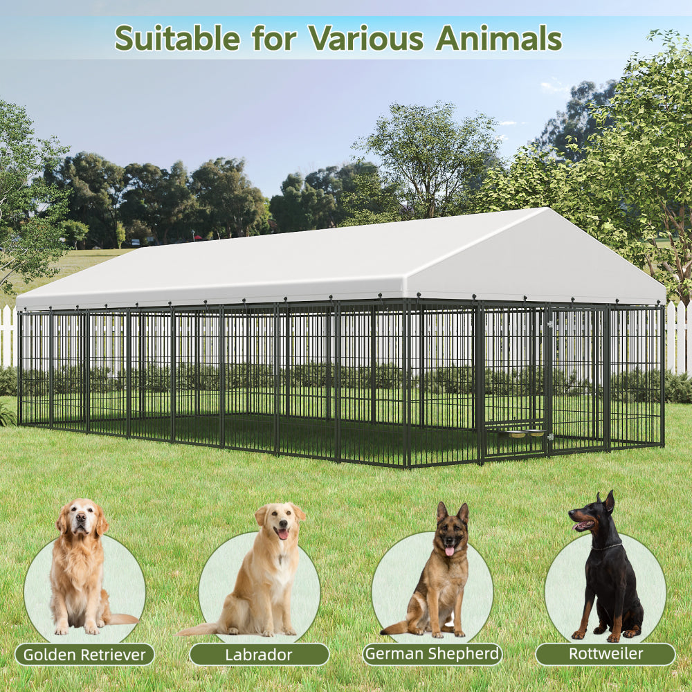 Large Dog Kennel Outdoor Pet Pens Dogs Run Enclosure Animal Hutch Metal Coop Fence with Roof Cover. 18.9'L x 9.61'W x 6.23'H.