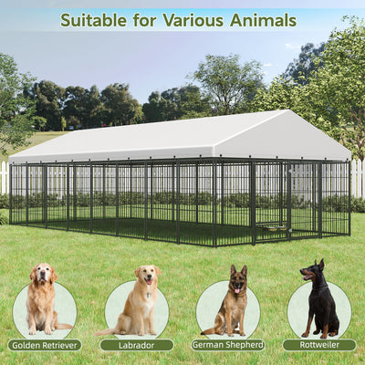 Large Dog Kennel Outdoor Pet Pens Dogs Run Enclosure Animal Hutch Metal Coop Fence with Roof Cover. 18.9'L x 9.61'W x 6.23'H.