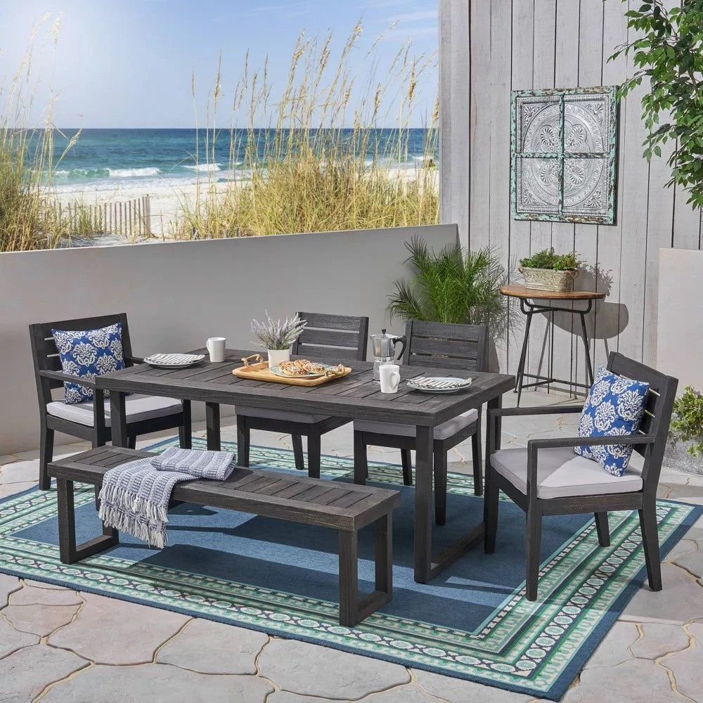 Outdoor 6-Seater Acacia Wood Dining Set with Bench,Dark Gray/Light Gray