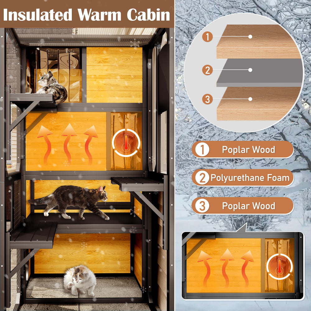 GO Large Cat Catio 4 Tiers Cat Enclosure for Outdoor, Cat House Weatherproof Attached to Window for Multiple Cats with Platforms and Resting Rooms, Brown