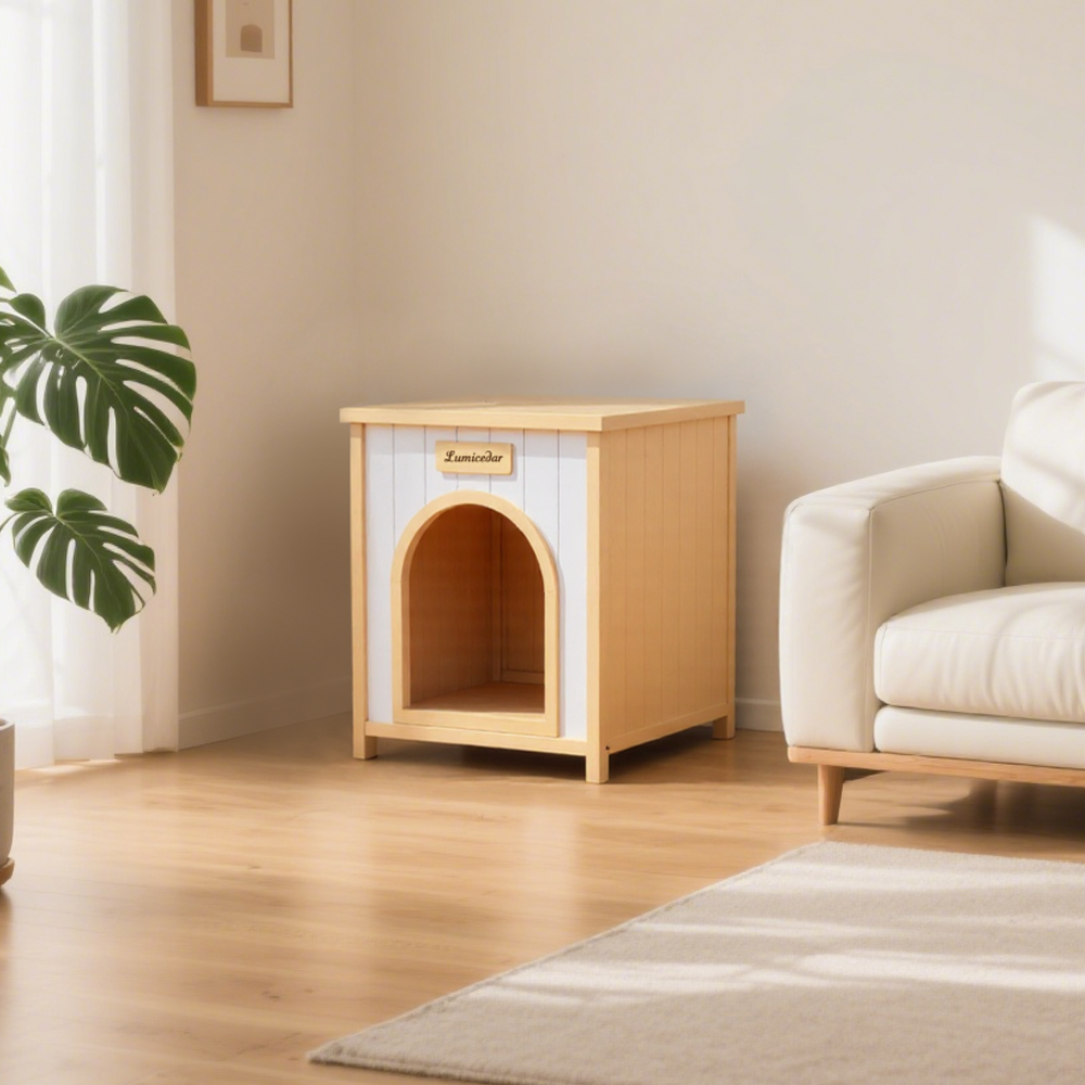 Lumicedar Cream Yellow Flat Roof Pet House  FSC Solid Wood 53×51.6×60 cm Indoor Shelter for Small Cats & Dogs