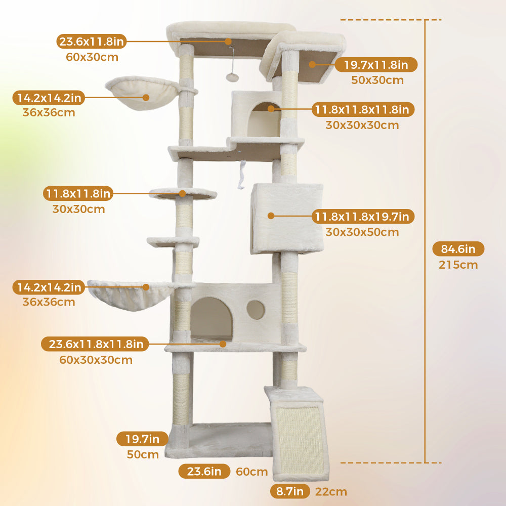 84 in Beige cat tree tower with large condo sisal scratching post big hammock and top platform