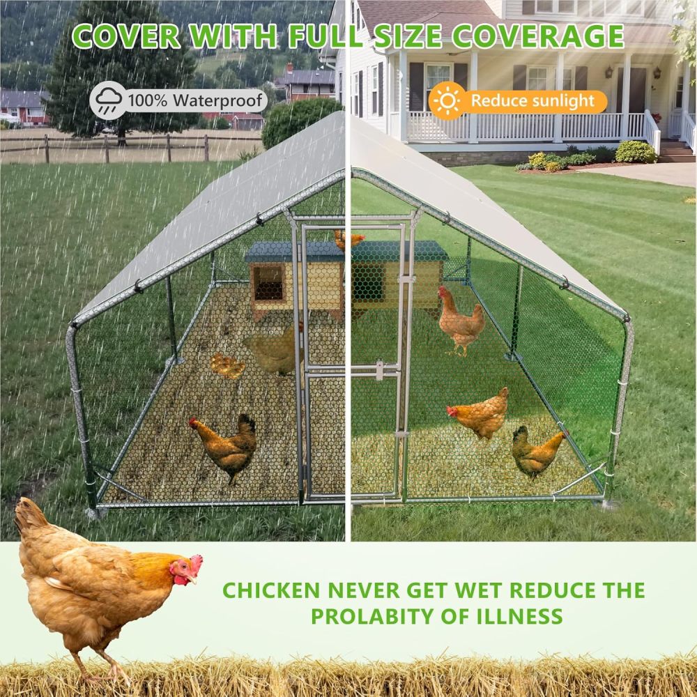 Large Metal Chicken Coop, 10x13x6.5FT Dome Chicken Runs for Yard with Cover, Walk in Chicken Coop with Roosting Perch