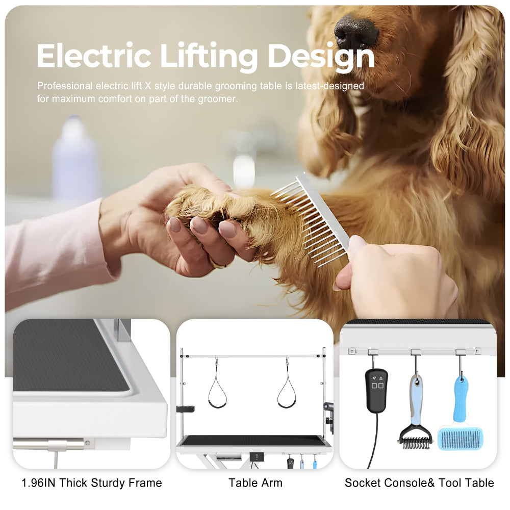Update electric pet grooming table, 110V/220V professional groomer recommend super Deluxe electric pet grooming table, height adjust from 8 up to 36inch WHITE COLOR