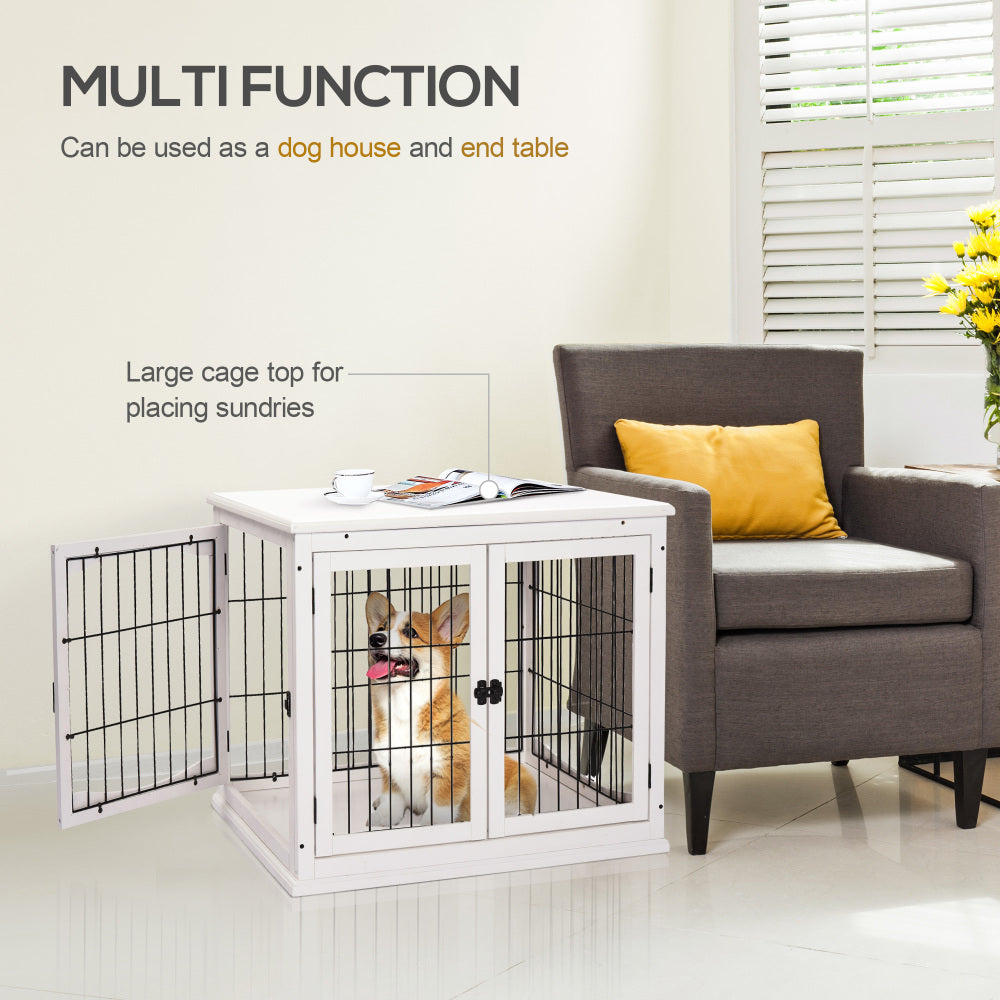 PawHut Dog Crate Furniture, Small Dog Cage End Table with Two Opening Sides, Lockable Door, Puppy Kennel Indoor, Cute and Decorative, Pure White