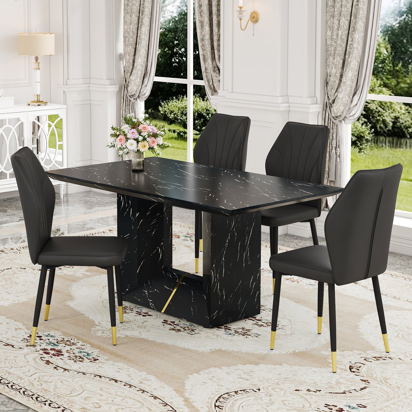 Table and chair set.Black Marble Pattern MDF Dining Set - 63'x35.4' with 4 black PU Chairs With a Widened Backrest Design.Giving you a luxurious feel.