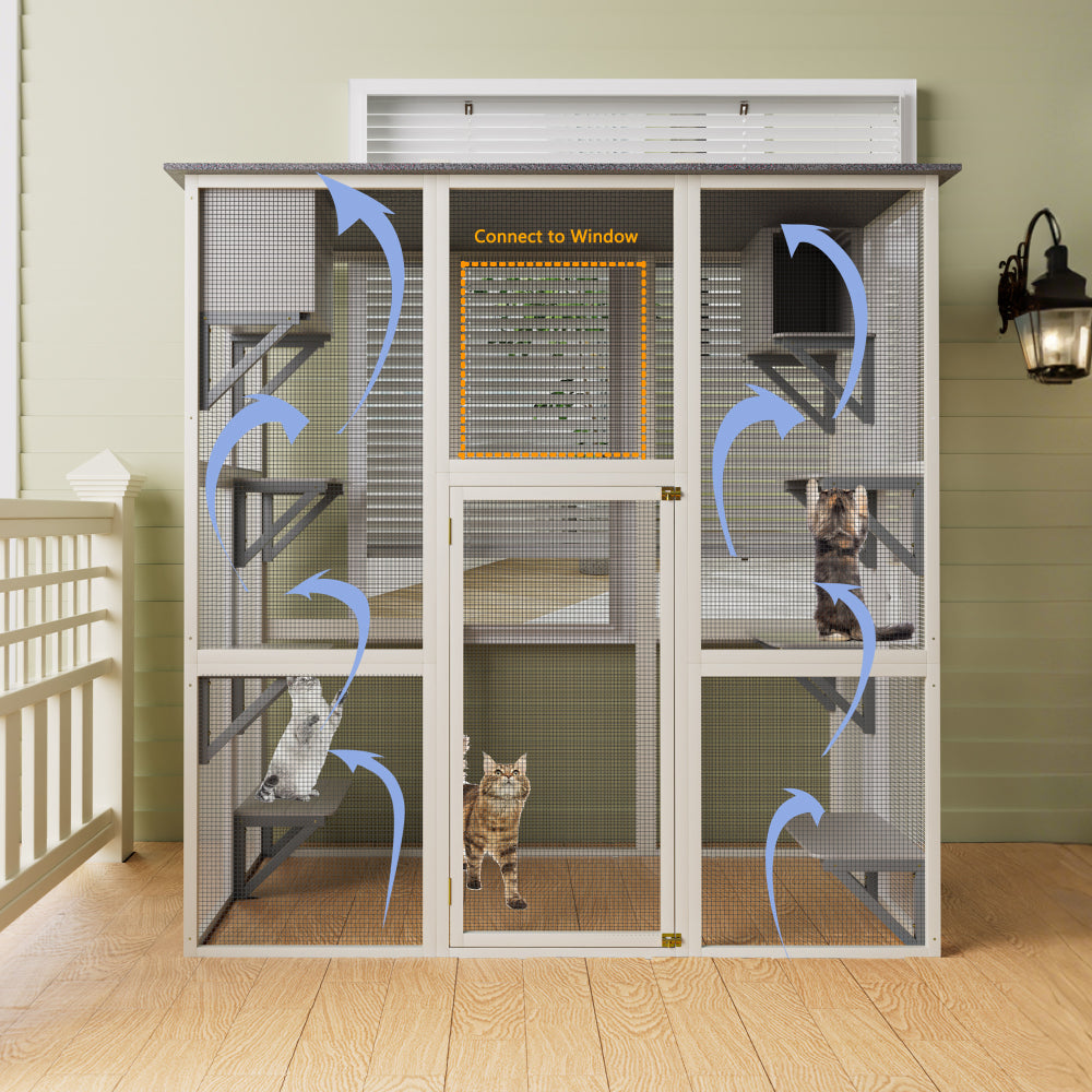 70.9" Gray Wooden Outdoor Catio Cat Enclosure with Weatherproof Asphalt Roof, Large Walk-in Cat House with 6 Platforms & 2 Napping Boxes, Solid Wood Cat Cage Playpen for Patio or Backyard