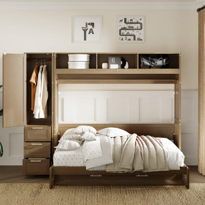 Full Size Murphy Bed with Wardrobe, Drawers and Open Shelves, Antique Wood