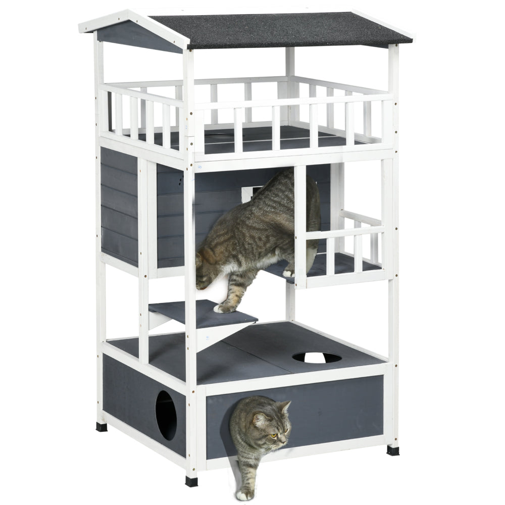 PawHut Wooden Outdoor Cat House, Feral Cat Shelter Kitten Tree with Asphalt Roof, Escape Doors, Condo, Jumping Platform, Grey