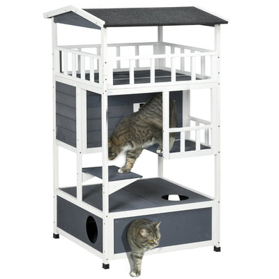 PawHut Wooden Outdoor Cat House, Feral Cat Shelter Kitten Tree with Asphalt Roof, Escape Doors, Condo, Jumping Platform, Grey