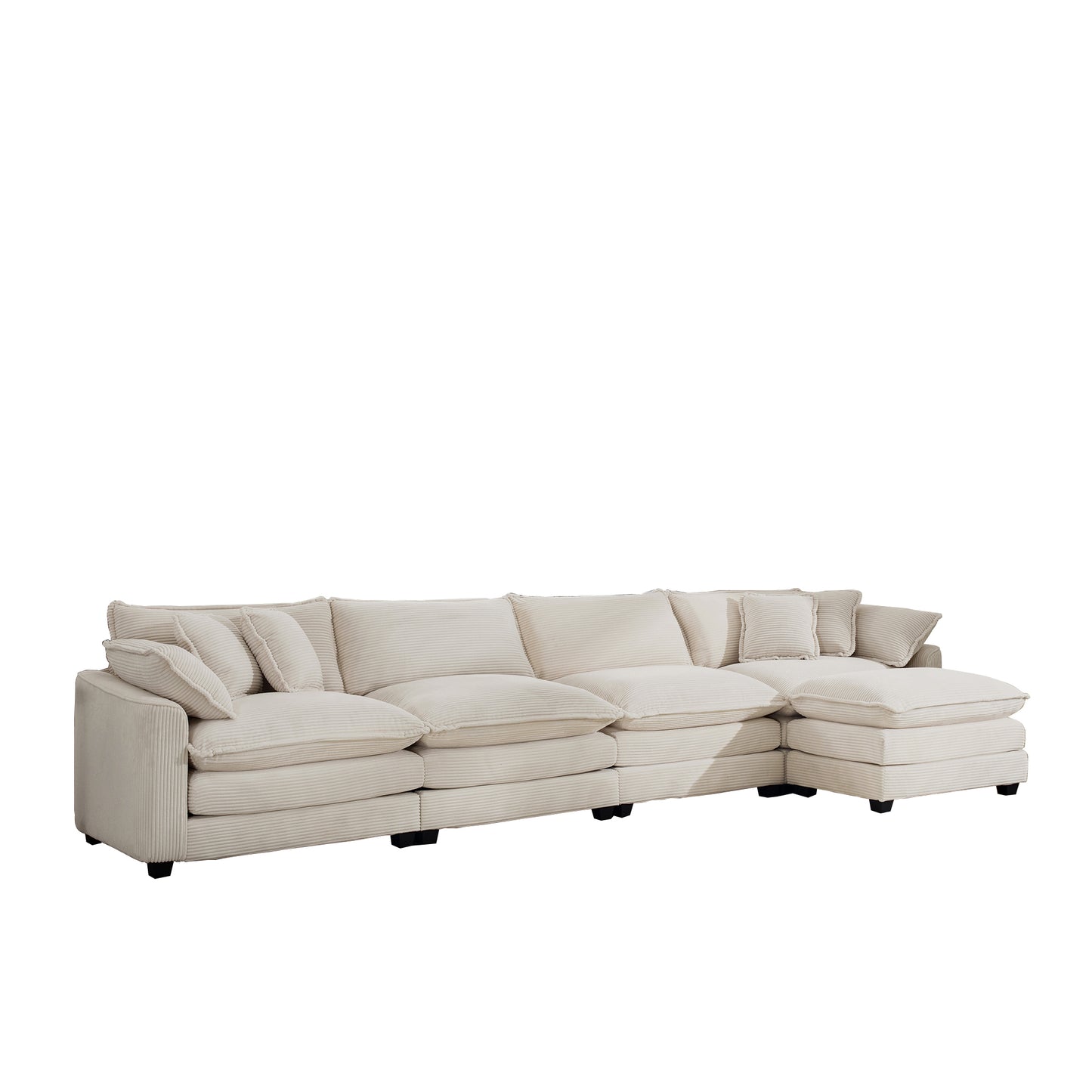 Modern Upholstered L Shape Modular Sectional Sofa, 4 Seater with Ottoman, Comfortable Light Beige Corduroy Fabric Couch