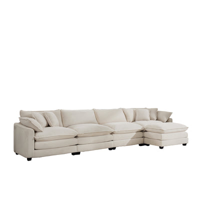 Modern Upholstered L Shape Modular Sectional Sofa, 4 Seater with Ottoman, Comfortable Light Beige Corduroy Fabric Couch