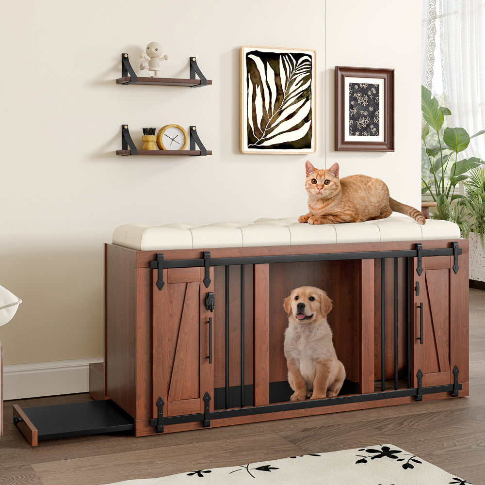 30.25"L, 2 in 1 Night Stand with Storage & Dog Crate, Luxury Wooden Side Table Dog Kennel, End of Bed Bench Ottoman with Removable Cushion for Bedroom, Living Room, Walnut