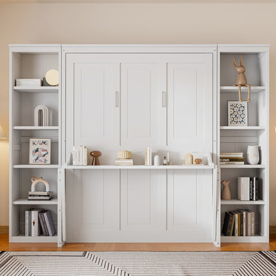 Queen Size Murphy Bed with Desk and Bookshelf, White