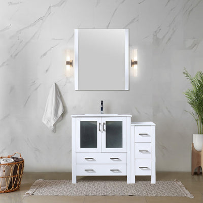 White Bath Vanity 42 in. W x 18.25 in. D, with Side Cabinet, White Ceramic Top, and 28 in. Mirror